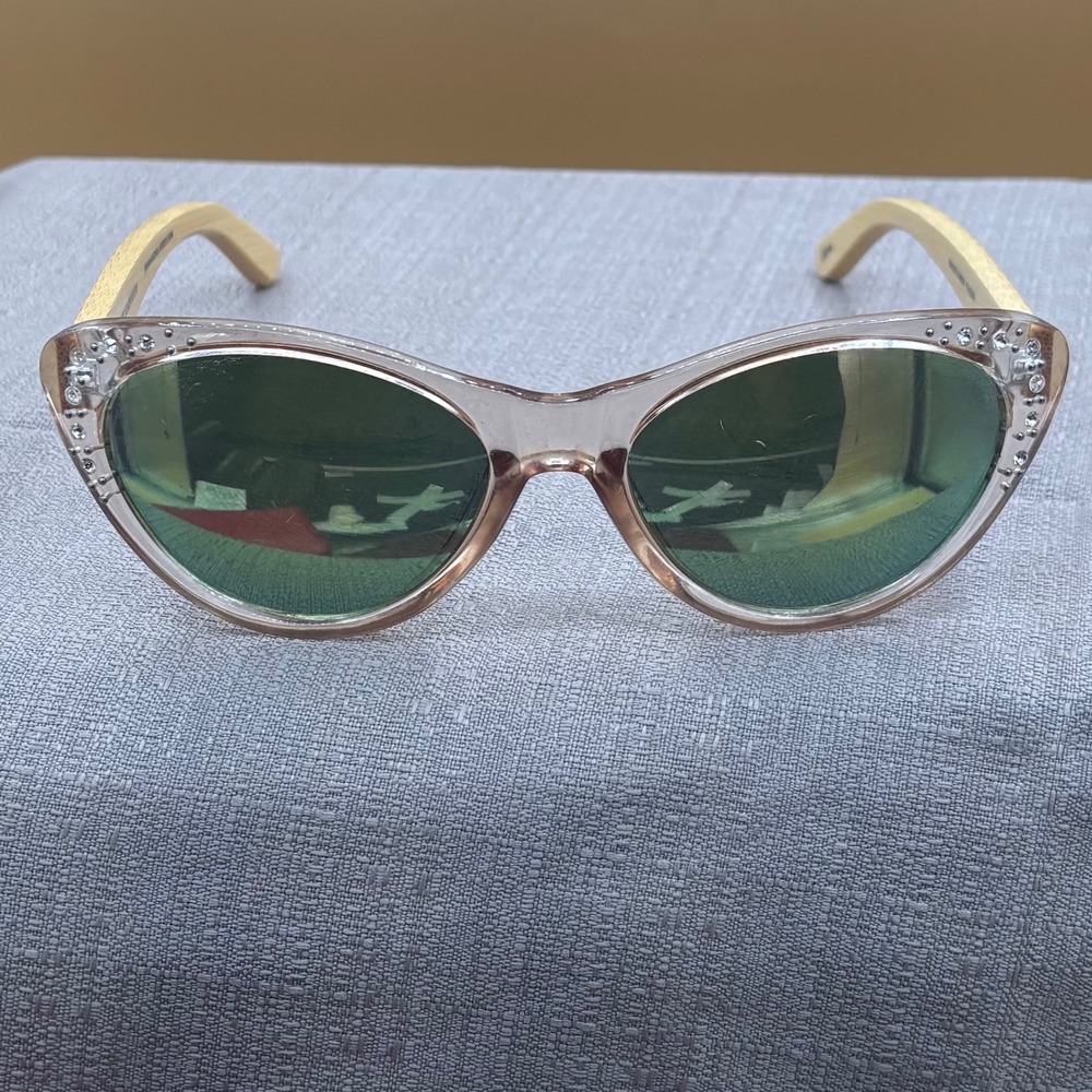 Piranha Sunglasses Women OS Pink Bamboo Rhinestone Excellent Cat Eye Retro